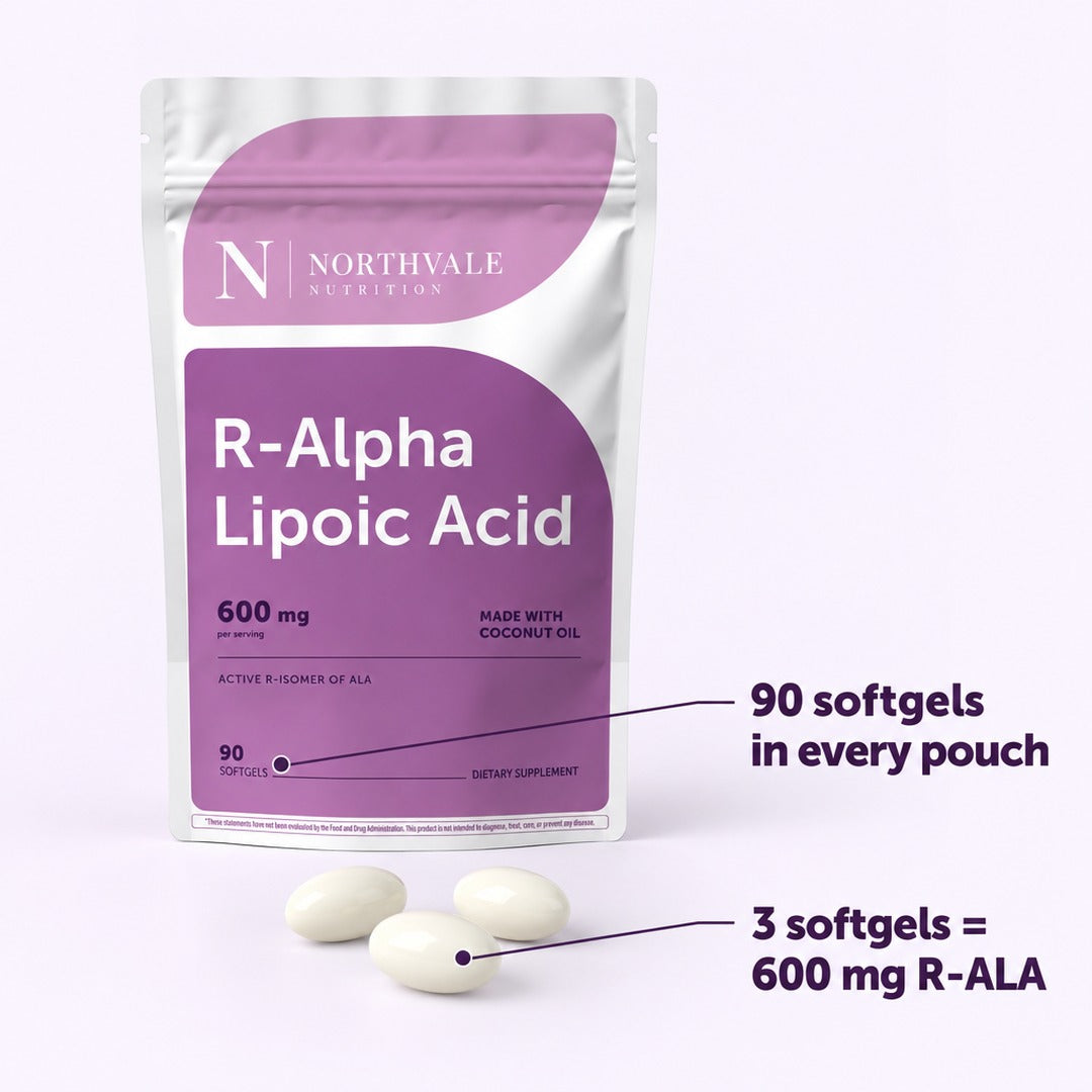 Northvale R-Alpha Lipoic Acid: 90 softgels in every pouch; 3 softgels = 600 mg R-ALA