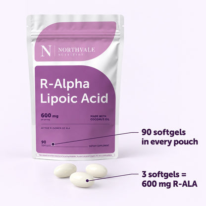 Northvale R-Alpha Lipoic Acid: 90 softgels in every pouch; 3 softgels = 600 mg R-ALA