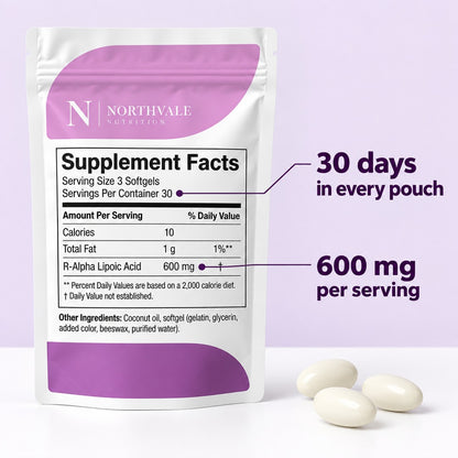 Northvale R-Alpha Lipoic Acid: Supplement Facts panel as printed; 30 days in every pouch; 600 mg per serving