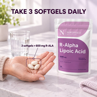 Northvale R-Alpha Lipoic Acid: TAKE 3 SOFTGELS DAILY; 3 softgels = 600 mg R-ALA