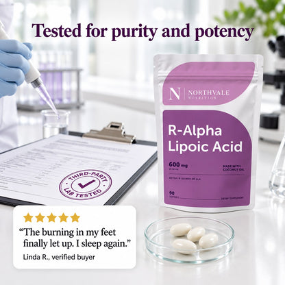 Northvale R-Alpha Lipoic Acid: Tested for purity and potency; THIRD-PARTY LAB TESTED; “The burning in my feet finally let up. I sleep again.”; Linda R., verified buyer