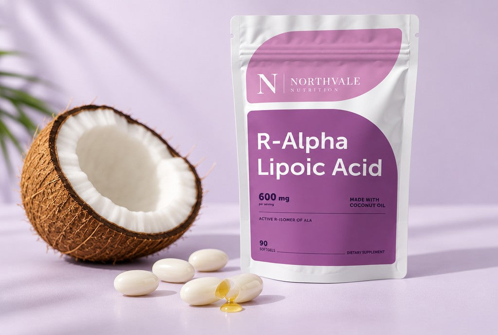 Northvale R-Alpha Lipoic Acid pouch with softgels and coconut